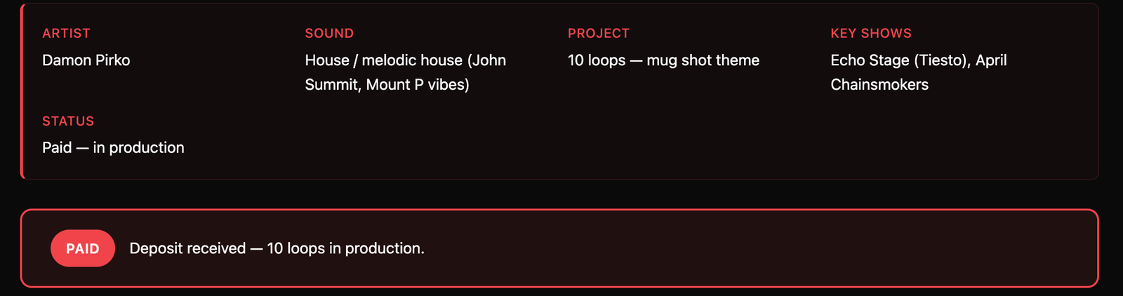 Damon Pirko portal  -  project meta strip and PAID in production status band